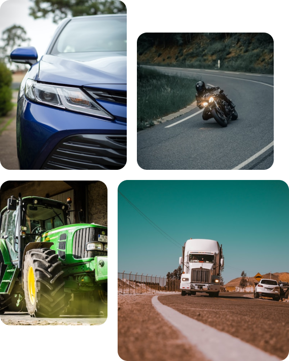 Uma grade de veículos em sequência: um carro esportivo azul estacionado, uma moto preta com um motoqueiro em uma curva, um trator agronomo verde estacionado e um caminhão branco em uma rodovia. Eles simbolizam a versatilidade que a Easy Aluga oferece para empresas que querem ter seu próprio serviço de locação de veículos.